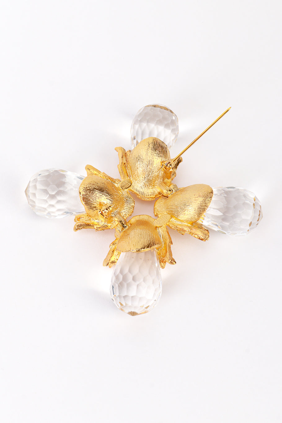 Vintage Kenneth Jay Lane Clear Golden Acorn Burst Brooch back pin open @recess la