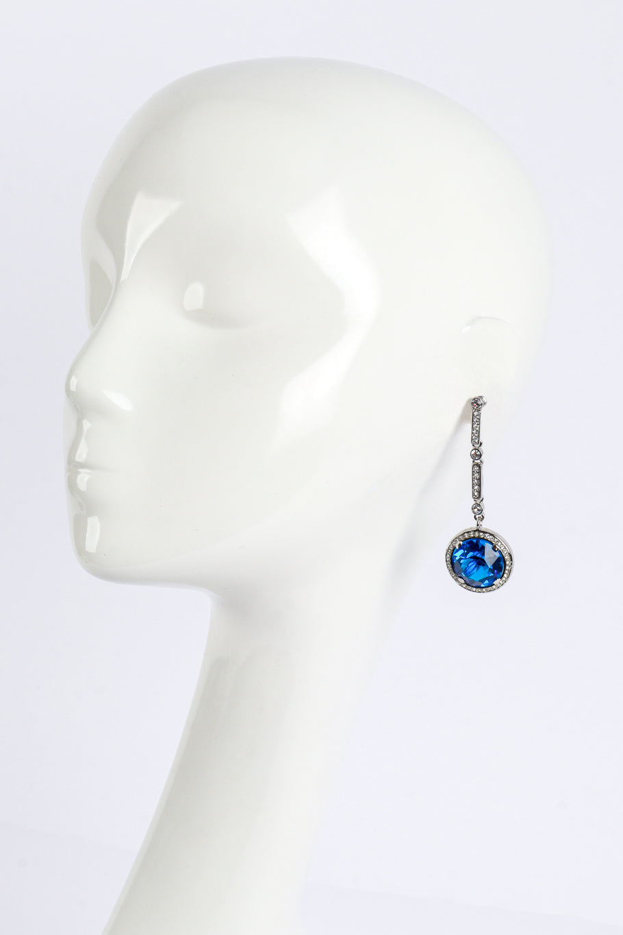 Vintage Kenneth Jay Lane Art Deco Tavernier Blue Drop Earrings on mannequin @recess la