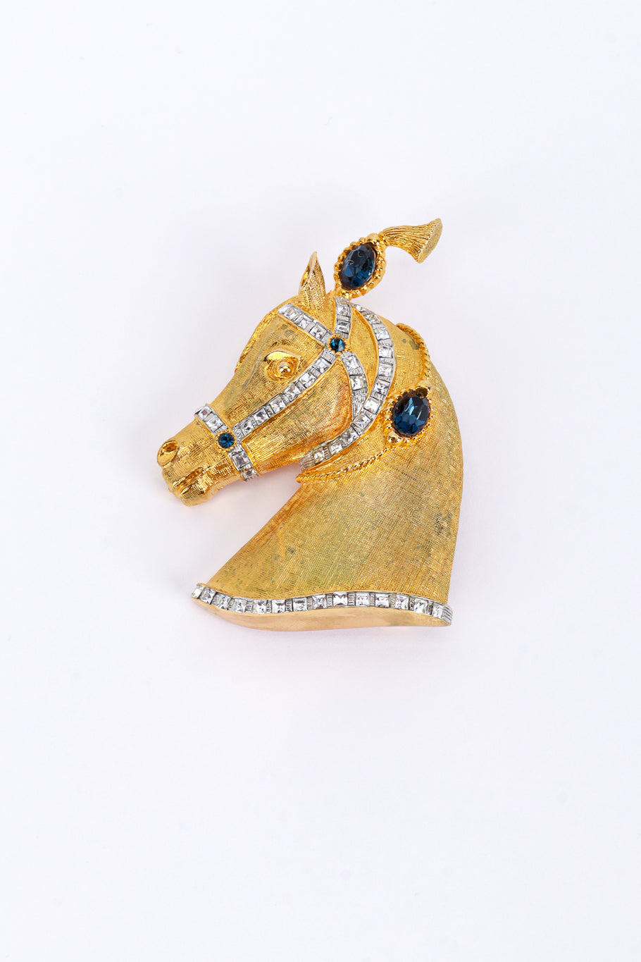 Vintage R.Mandle Gold & Blue Carnival Horse Brooch front @recess la