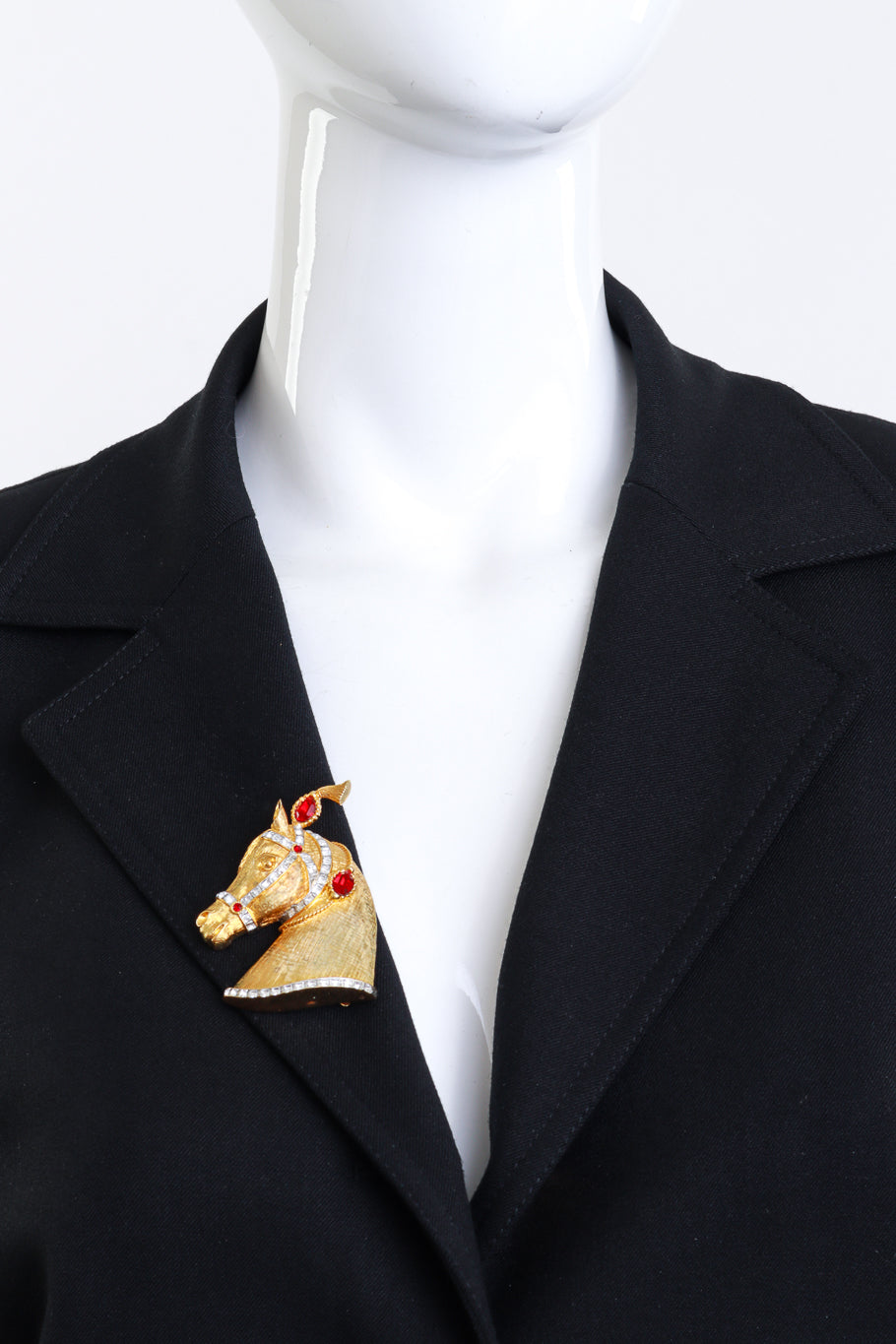 Vintage R. Mandle Gold & Ruby Carnival Horse Brooch on mannequin @recess la