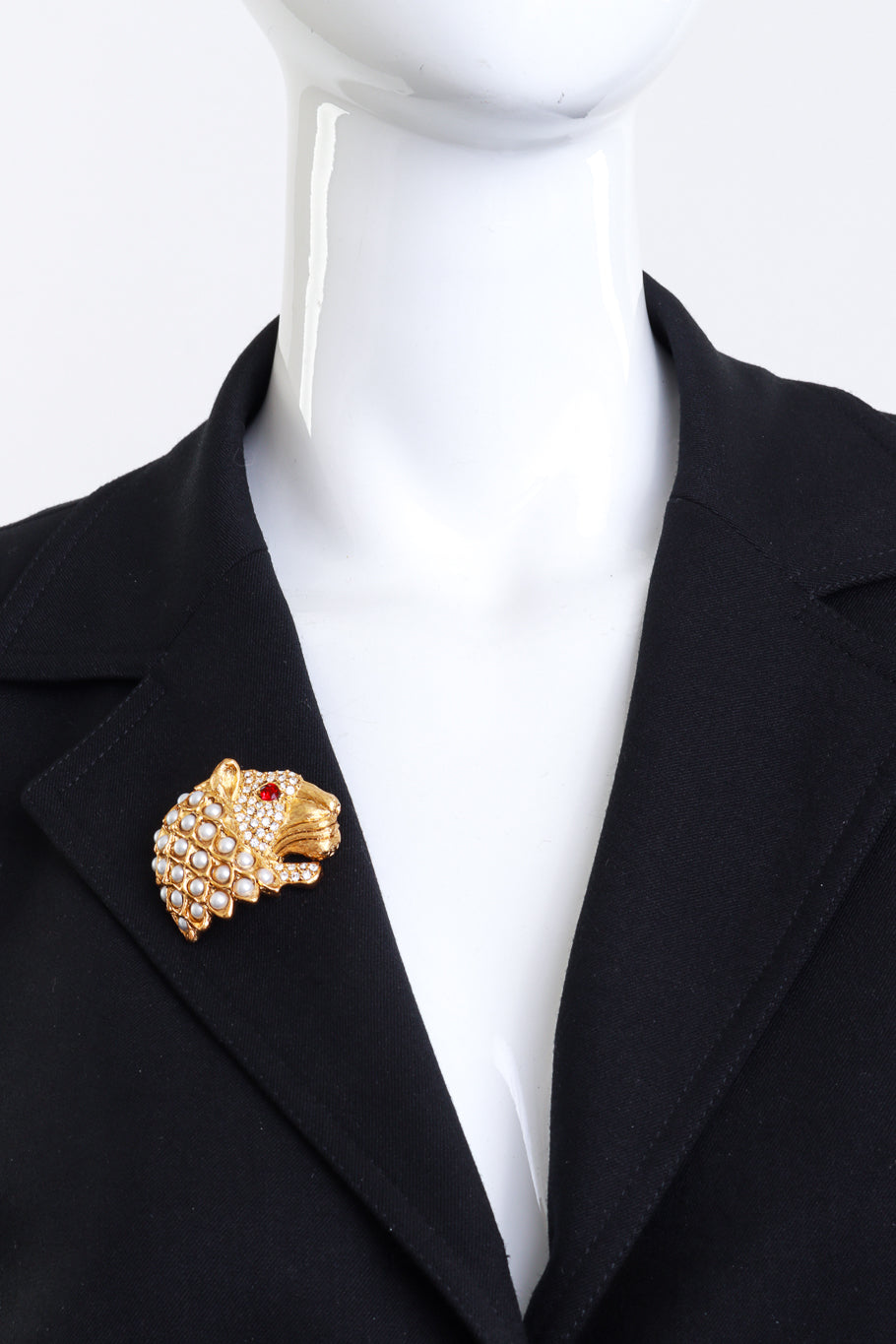 Vintage Kenneth Jay Lane Crystal & Pearl Lion Head Brooch on mannequin @recess la