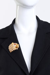 Vintage Kenneth Jay Lane Crystal & Pearl Lion Head Brooch on mannequin @recess la