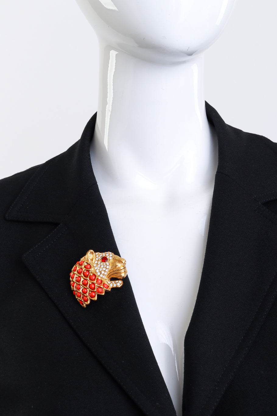 Vintage Kenneth Jay Lane Beaded Crystal Lion Head Brooch on mannequin @recess la