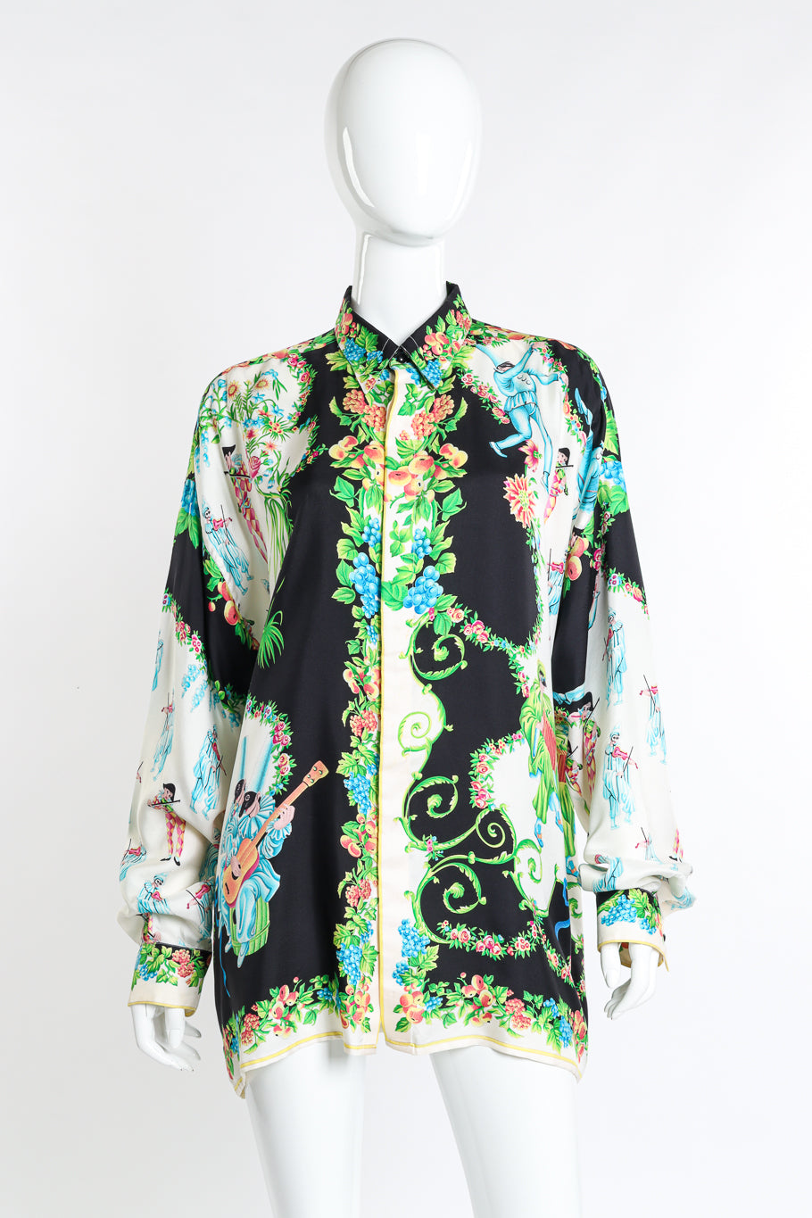 Vintage Gianni Versace Harlequin Jester Silk Shirt front on mannequin @recess la
