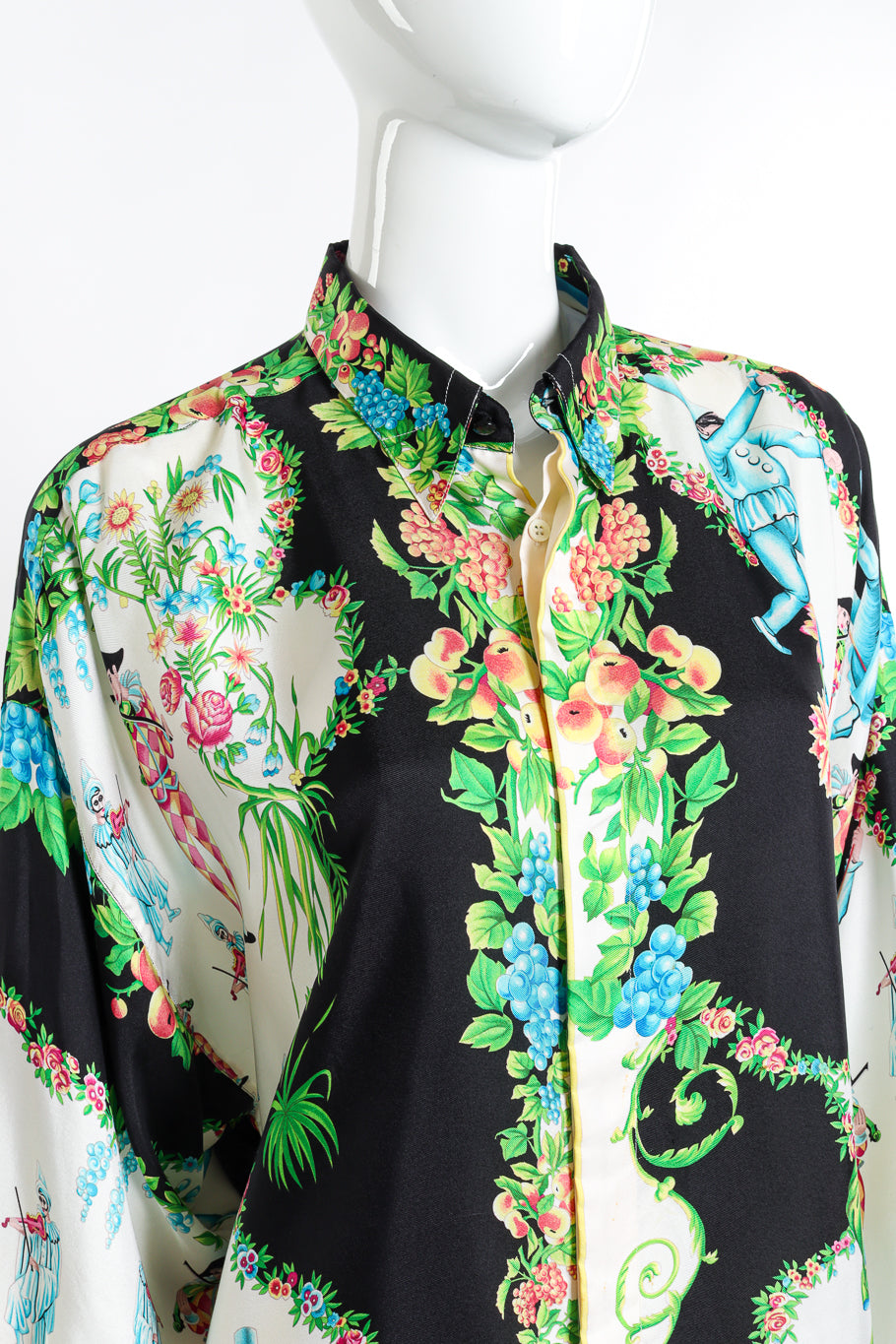 Vintage Gianni Versace Harlequin Jester Silk Shirt front on mannequin closeup @recess la