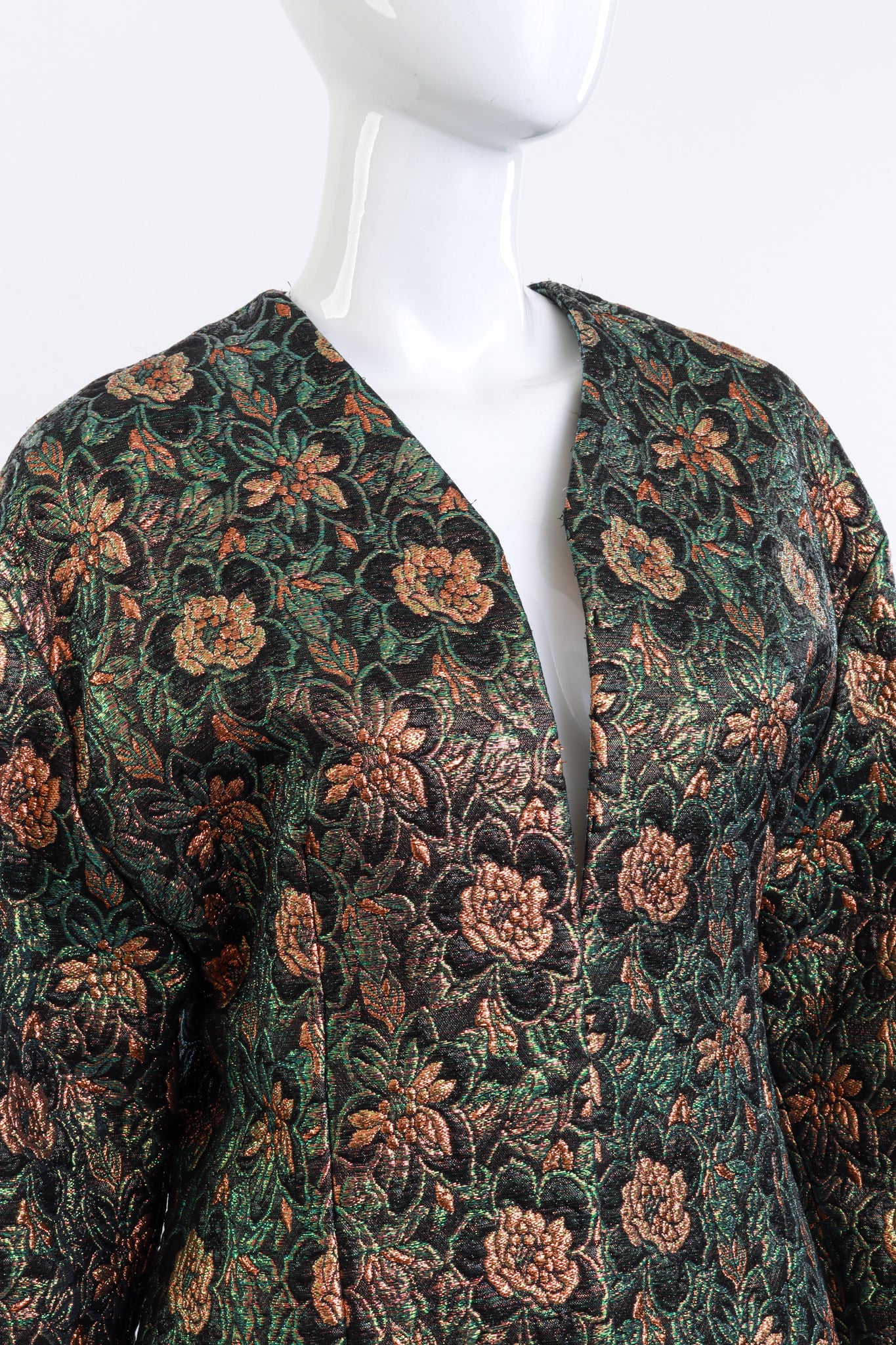 Vintage Galanos Floral Lamé Jacquard Jacket front on mannequin closeup @recess la