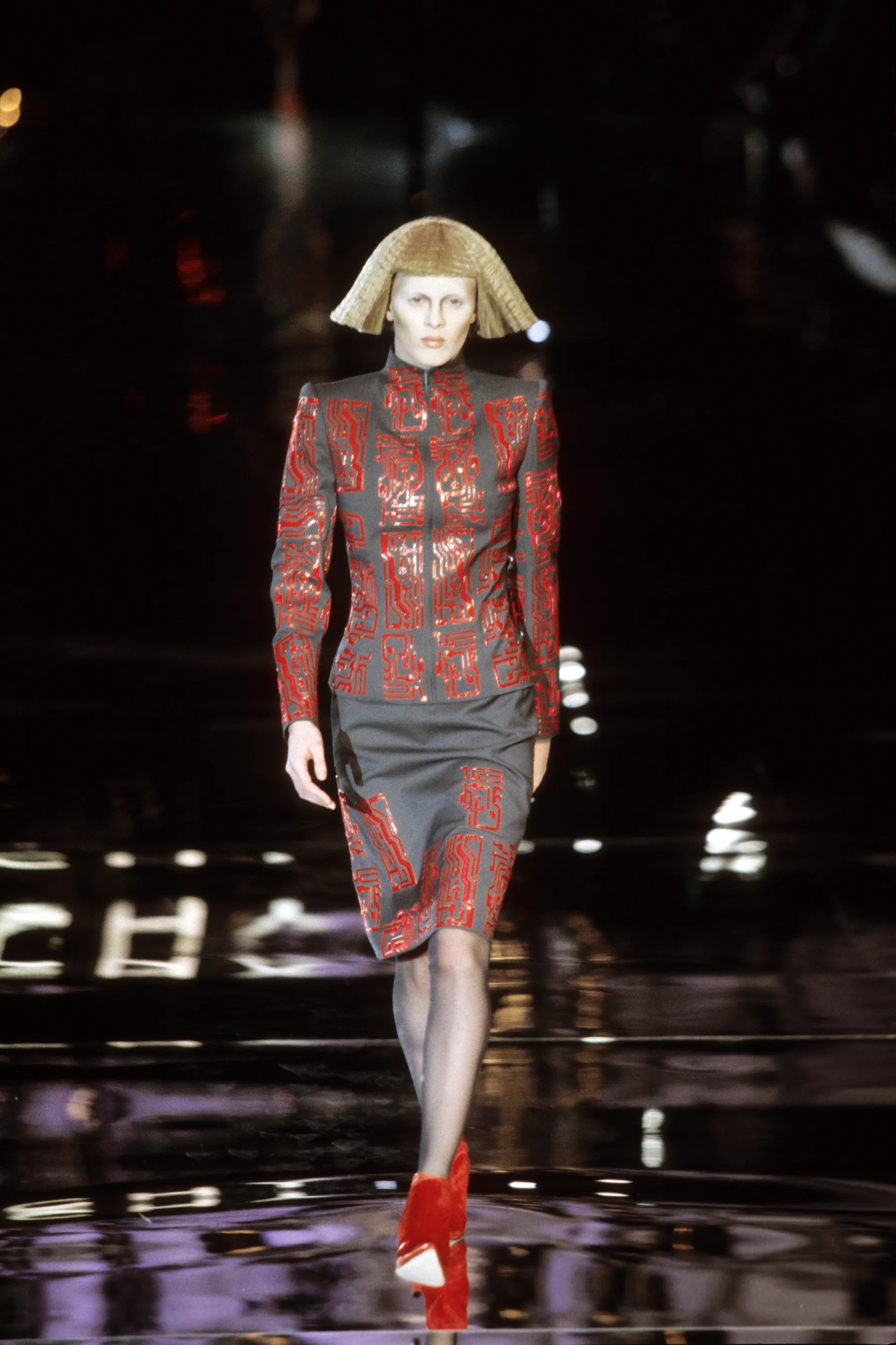 Vintage Givenchy 1999 F/W Circuit Board Zip Up Jacket & Skirt Set on runway model @recess la