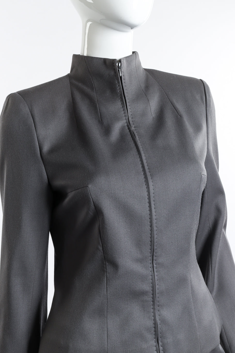 Vintage Givenchy 1999 F/W Circuit Board Zip Up Jacket & Skirt Set jacket front on mannequin closeup @recess la
