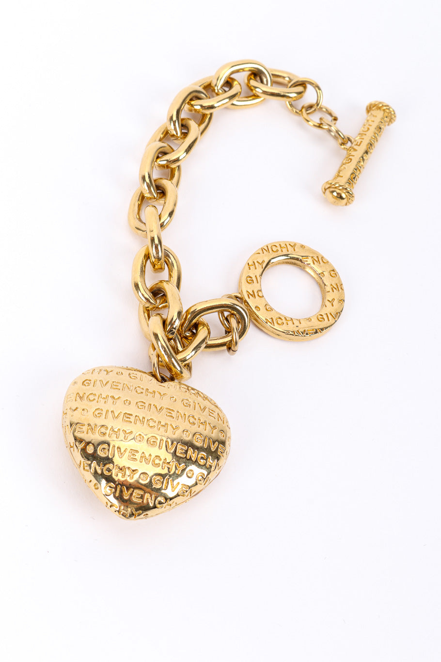Vintage Givenchy Heart Charm Chain Bracelet front unclasped @recessla