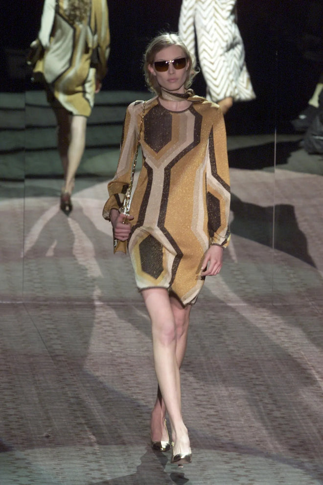 Vintage Tom Ford for Gucci Metallic Geo Tiger Charm Bag print on dress on 2000 runway