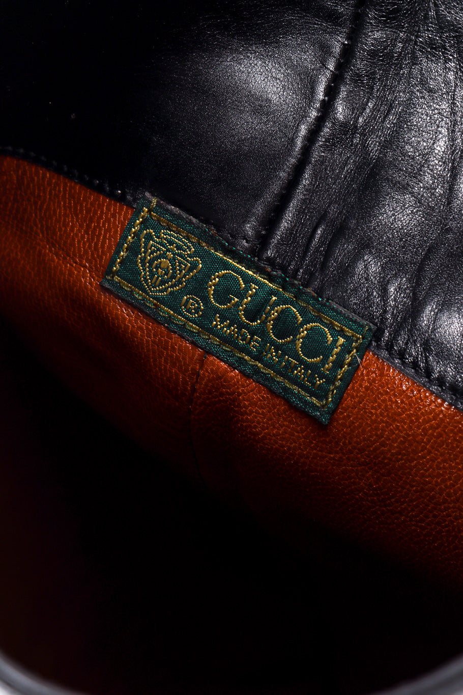 Vintage Gucci Black Ostrich Leather Riding Boot signature label closeup @recessla