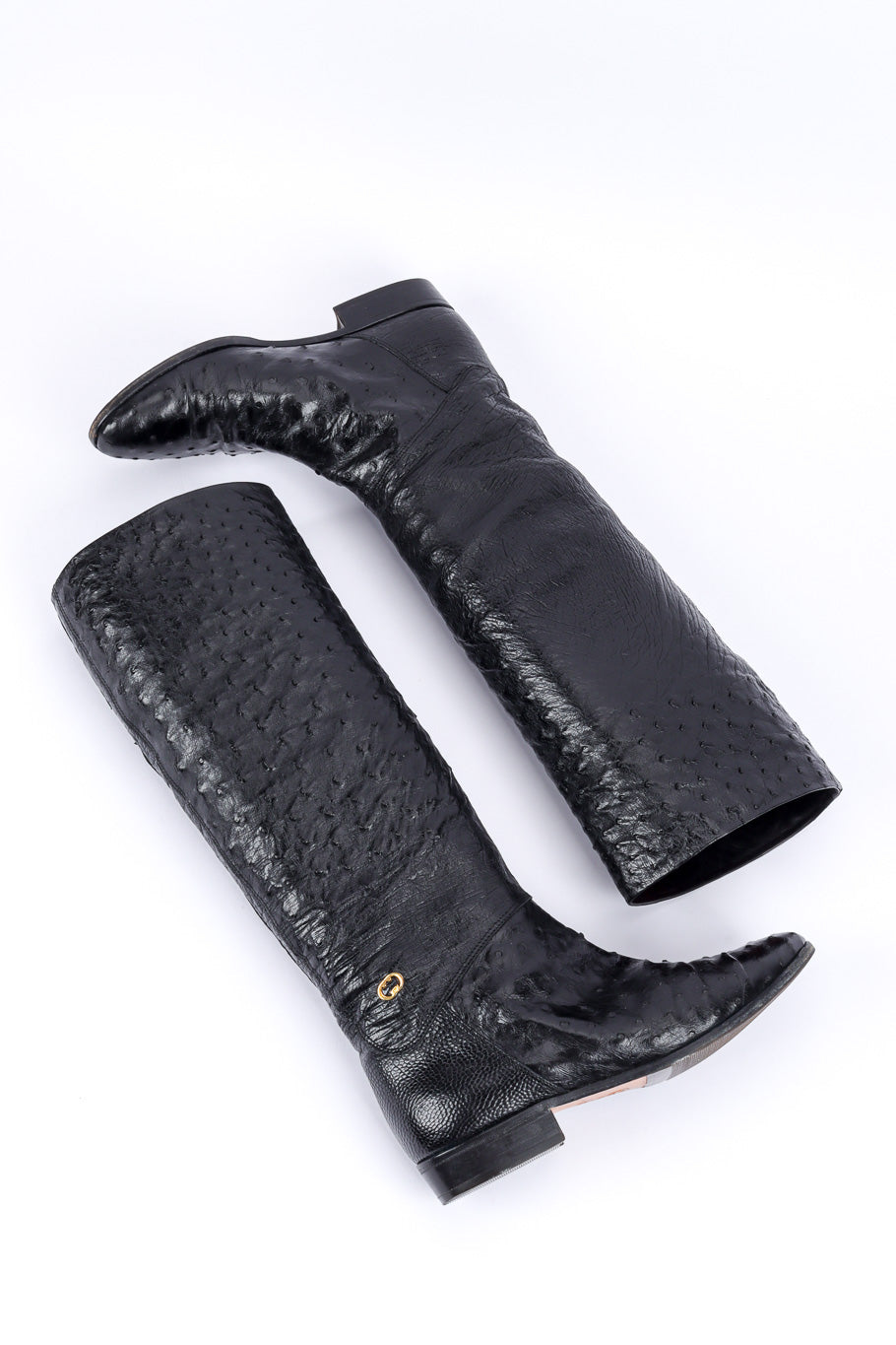 Vintage Gucci Black Ostrich Leather Riding Boot laid flat @recessla