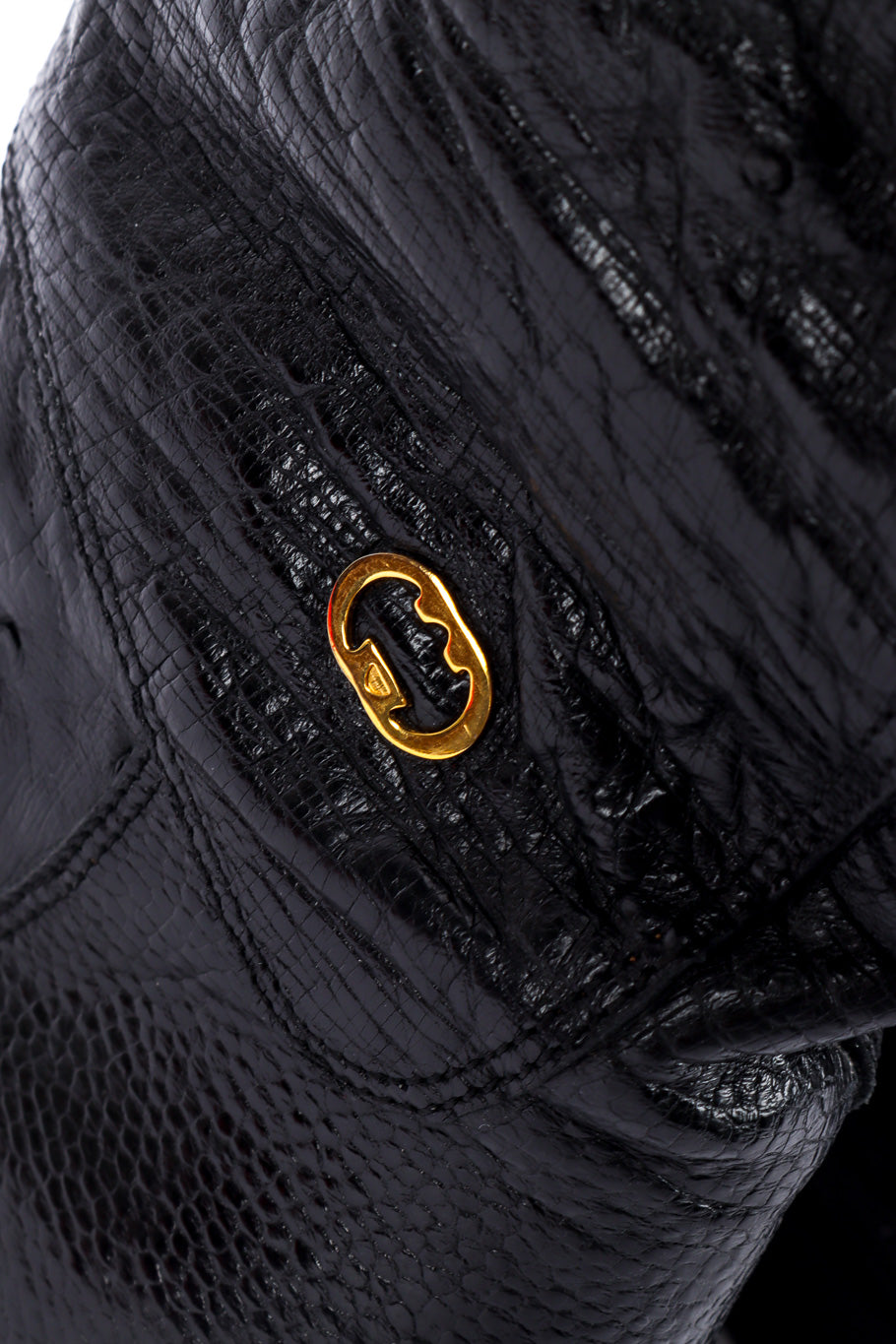 Vintage Gucci Black Ostrich Leather Riding Boot signature charm closeup @recessla
