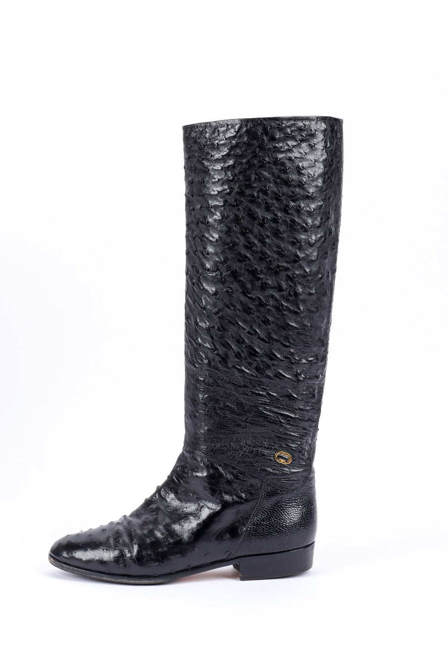 Vintage Gucci Black Ostrich Leather Riding Boot left boot outer view @recessla