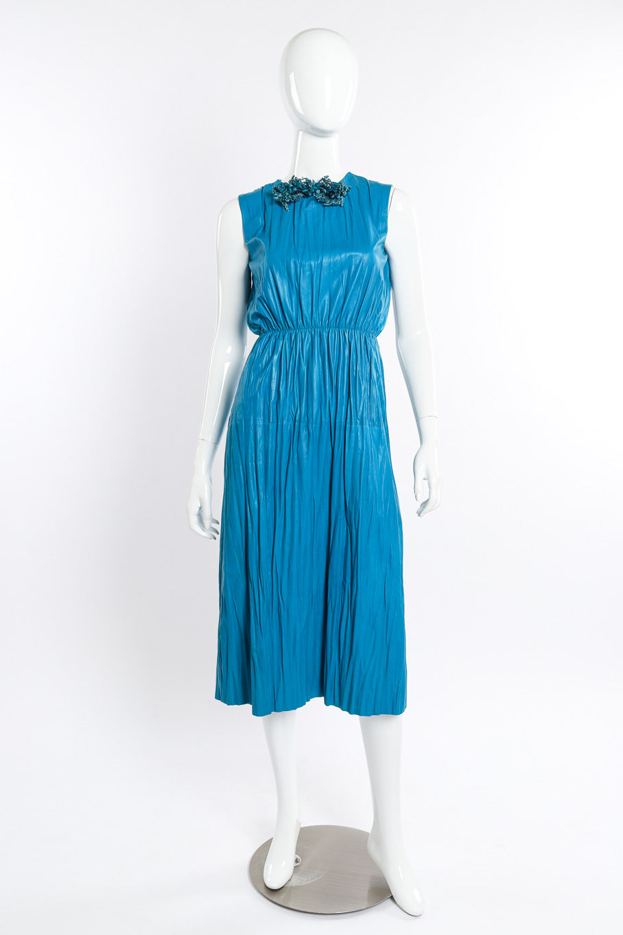 Gucci Sleeveless Pleated Leather Dress front on mannequin @recessla