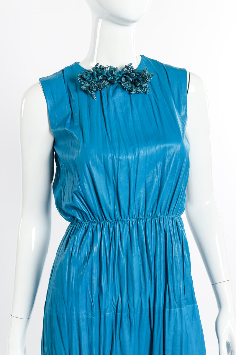 Gucci Sleeveless Pleated Leather Dress front on mannequin closeup @recessla