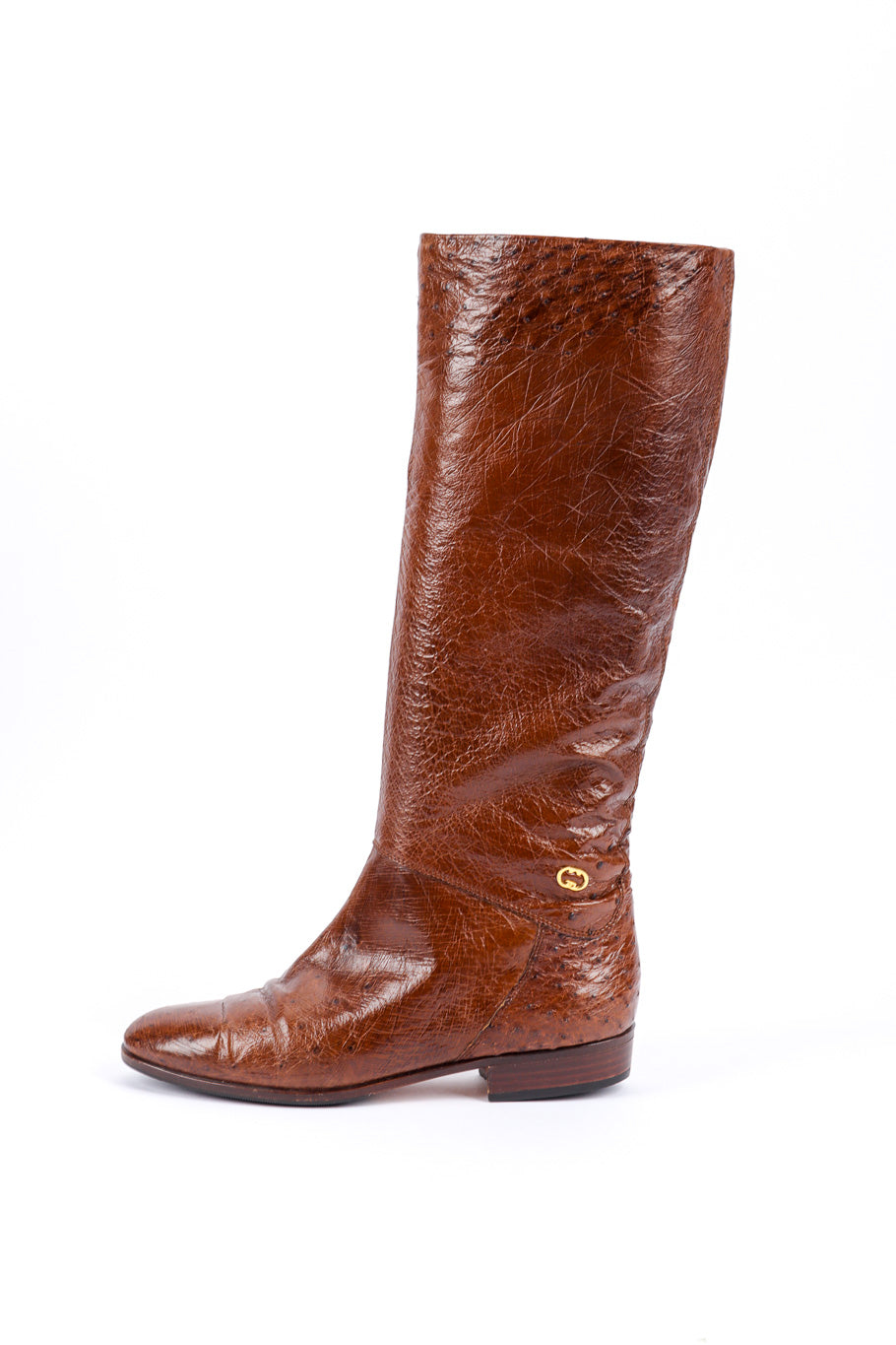 Vintage Gucci Brown Ostrich Leather Riding Boot left boot outer view @recessla