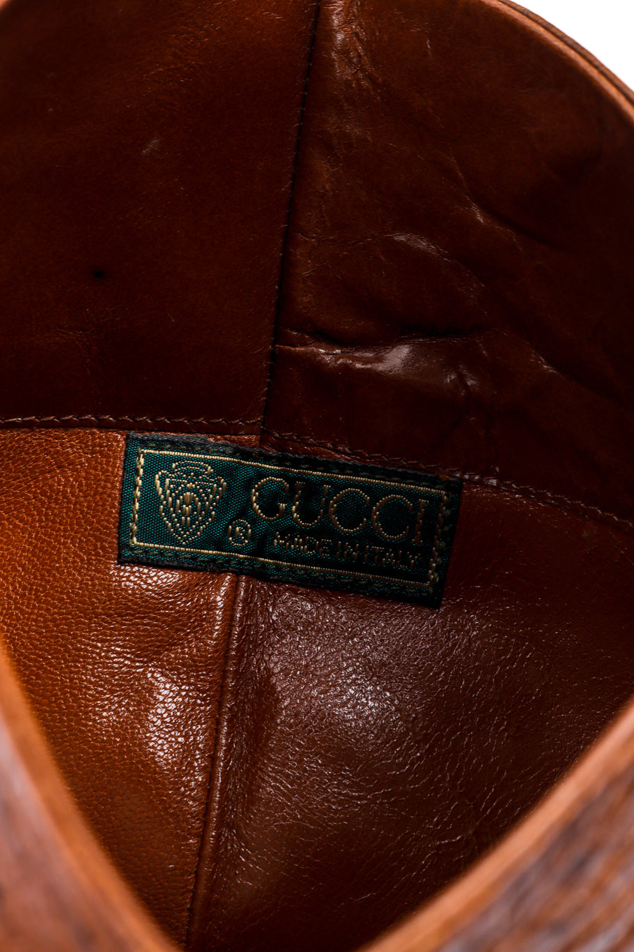 Vintage Gucci Brown Ostrich Leather Riding Boot signature label closeup @recessla