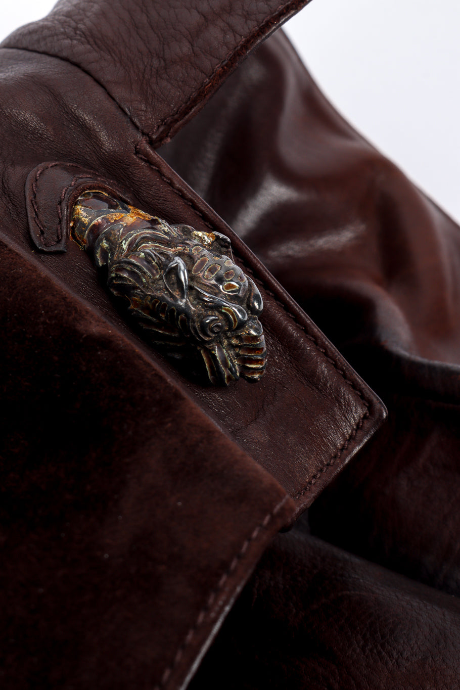 Vintage Gucci Suede and Leather Coat tiger button at collar @recessla