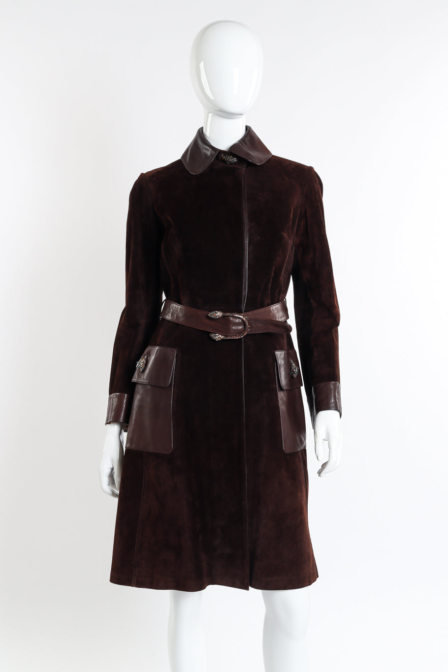 Vintage Gucci Suede and Leather Coat front on mannequin @recessla