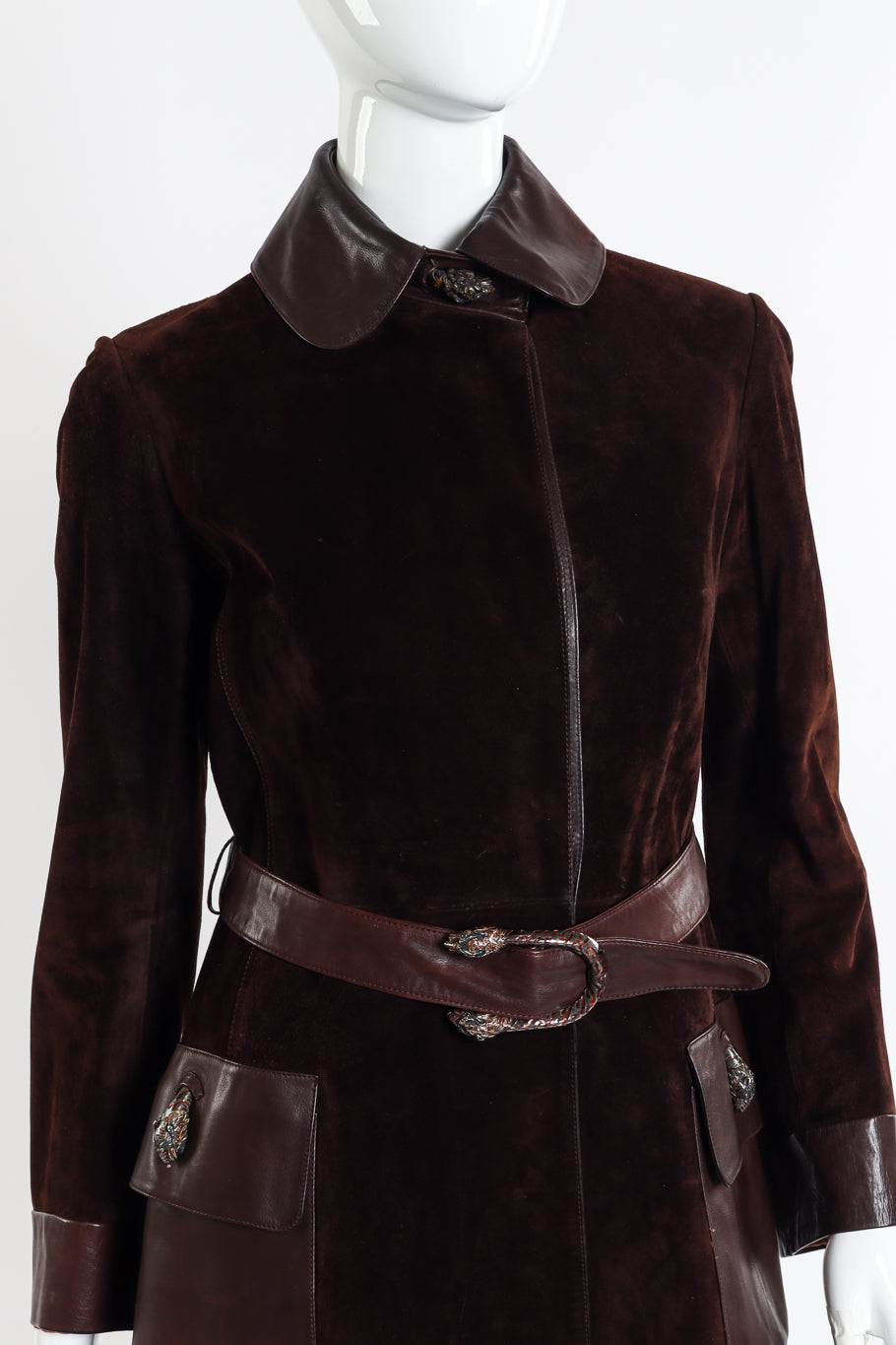 Vintage Gucci Suede and Leather Coat front on mannequin closeup @recessla