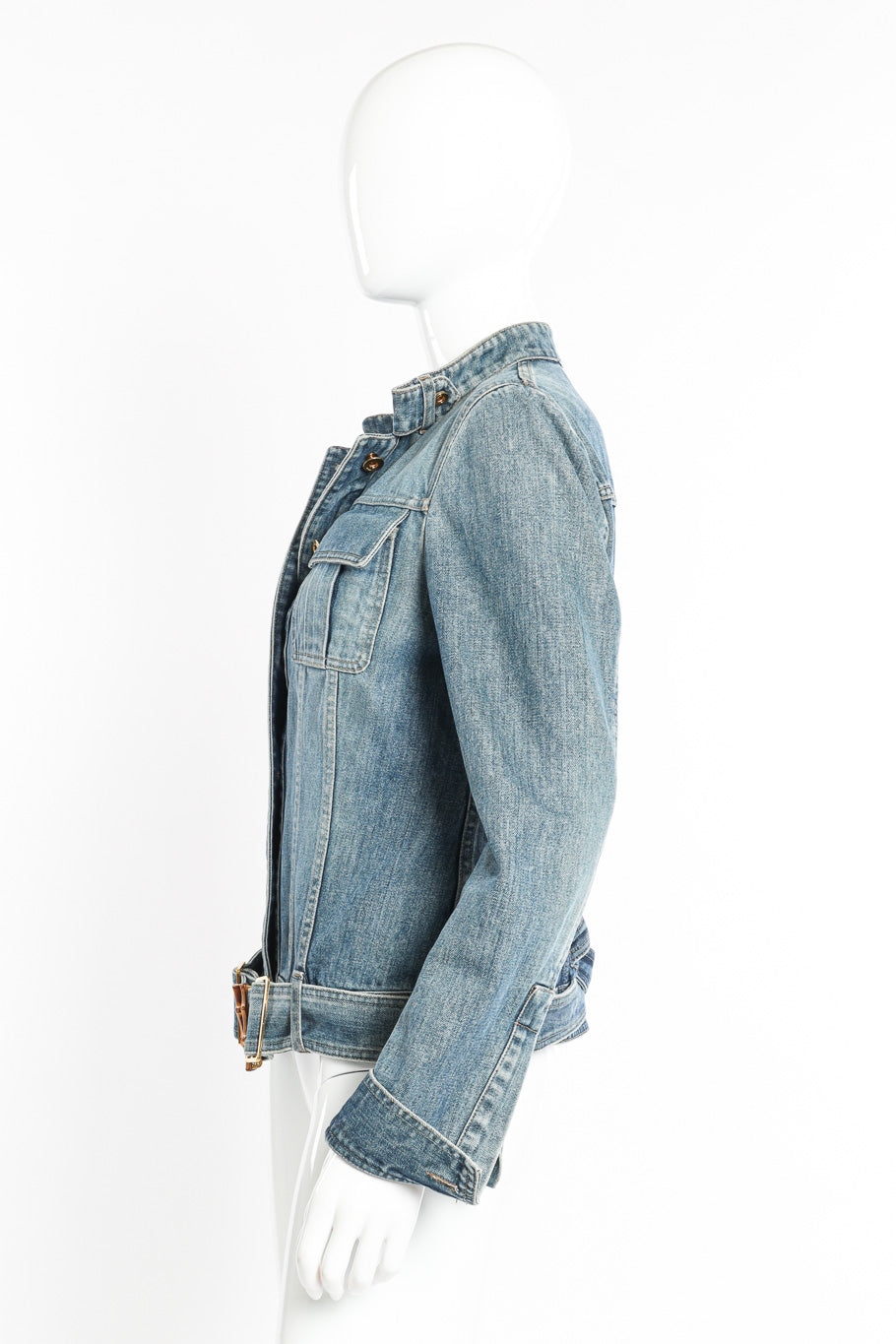 Bamboo Belt Denim Jacket by Gucci on mannequin side @recessla