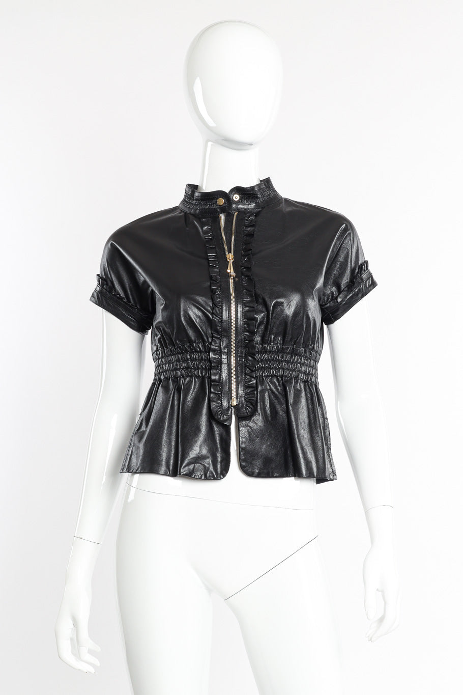 Gucci Leather Ruffle Top front view on mannequin @Recessla