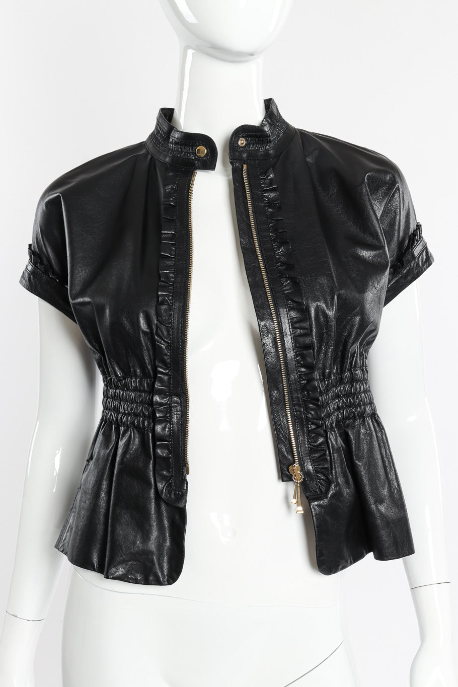 Gucci Leather Ruffle Top front view unzipped on mannequin @Recessla