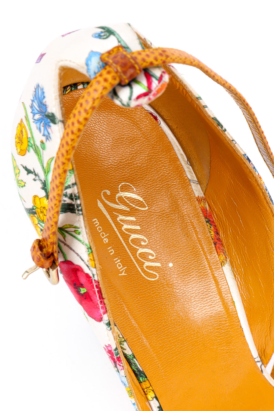 Gucci floral print bamboo wedge sandal product shot designer monogram insole @recessla