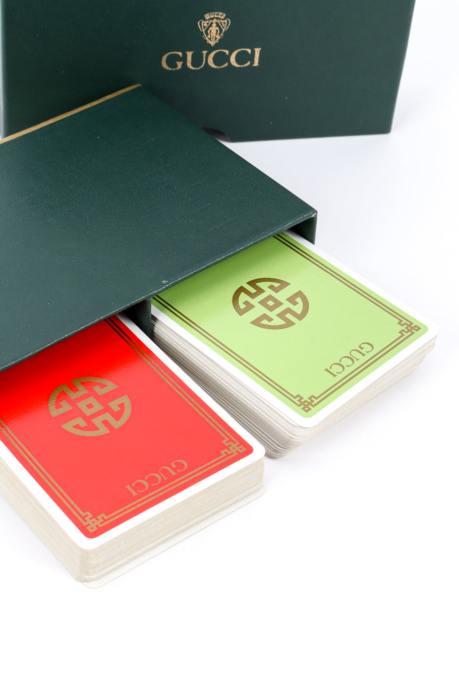 Vintage Gucci Red & Green 2 Deck Playing Card Set II decks in box closeup @recessla