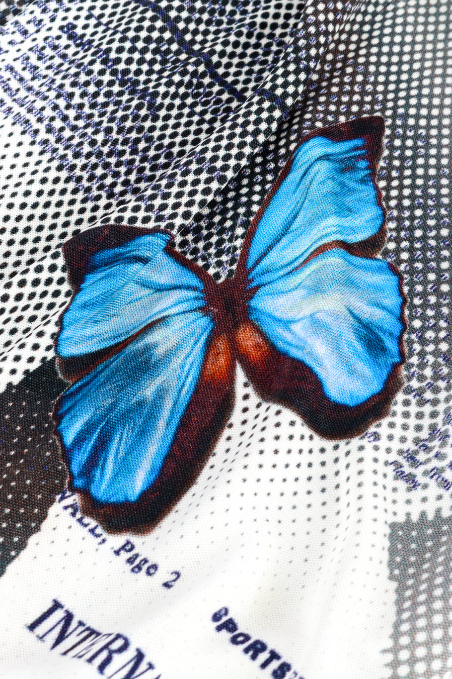 Vintage John Galliano Butterfly Newspaper Print Dress butterfly print closeup @recess la