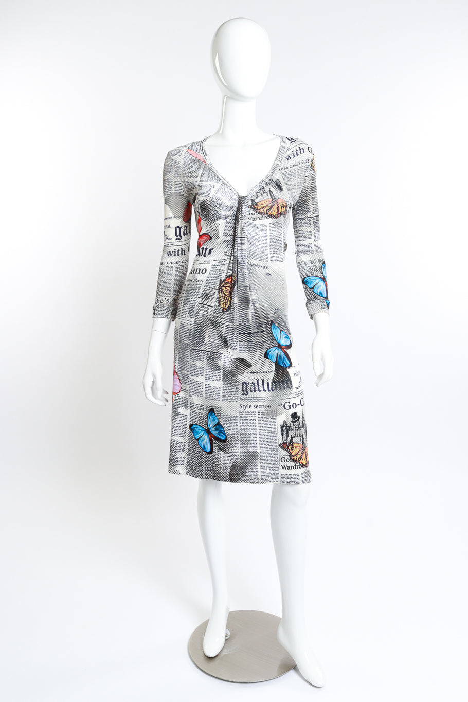 Vintage John Galliano Butterfly Newspaper Print Dress front on mannequin @recess la