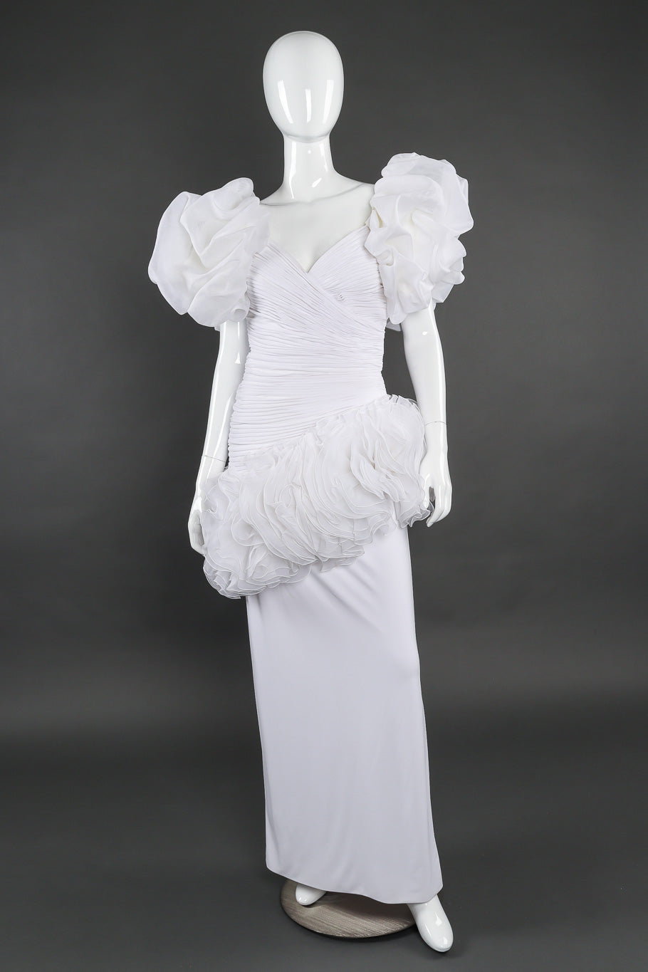 Rose Taft Couture puff sleeve ruched gown on mannequin front @recessla