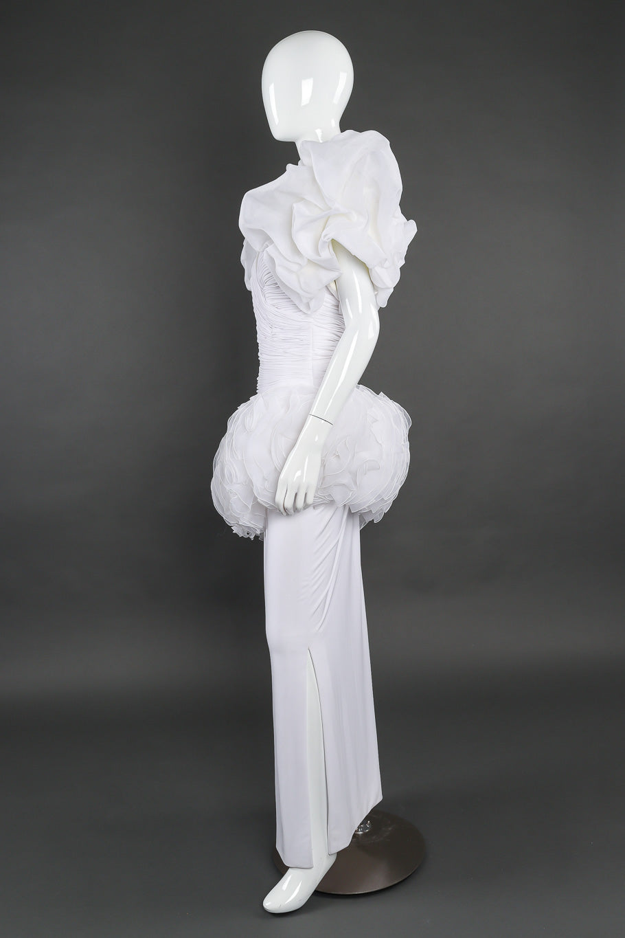 Rose Taft Couture puff sleeve ruched gown on mannequin side @recessla