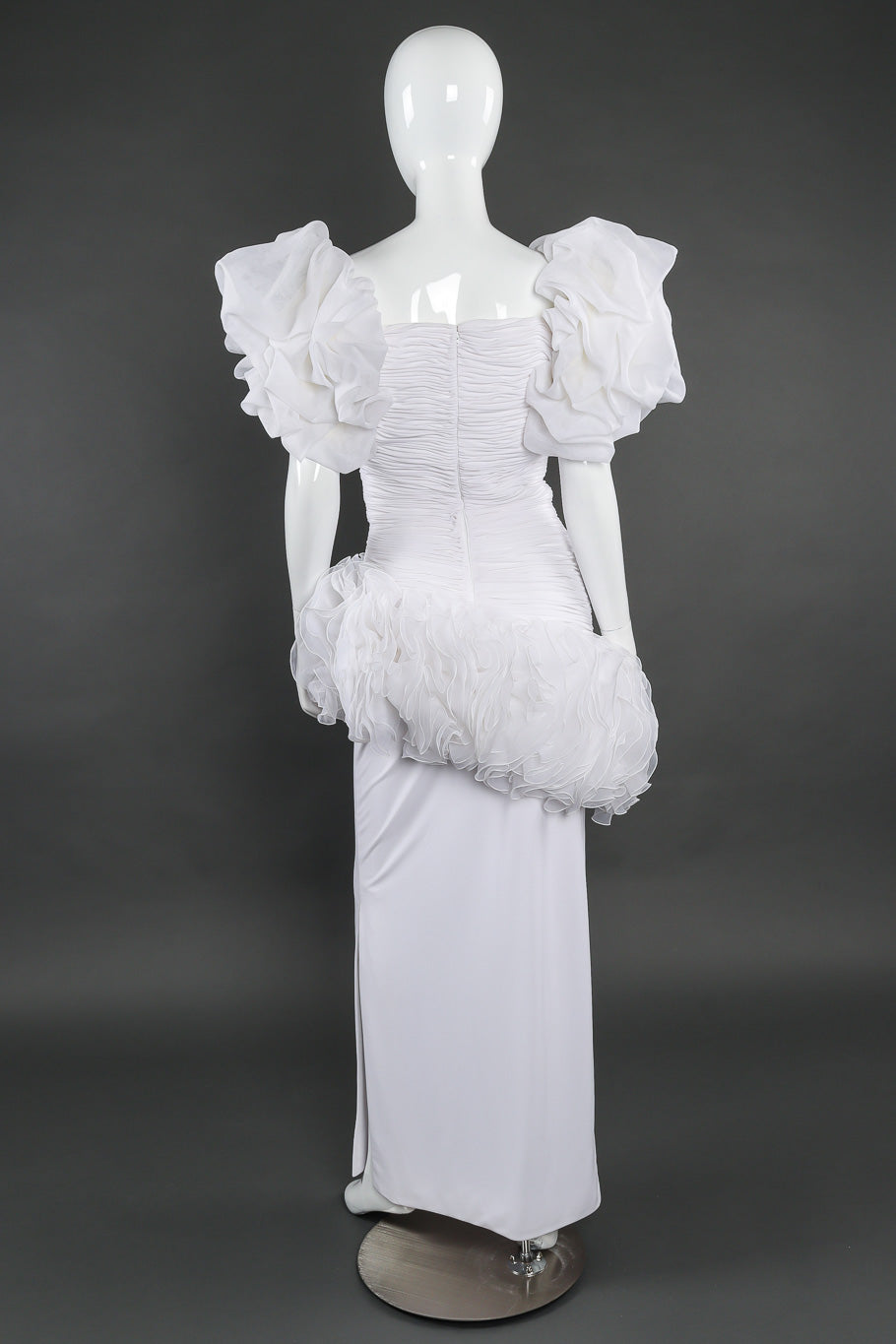 Rose Taft Couture puff sleeve ruched gown on mannequin back @recessla