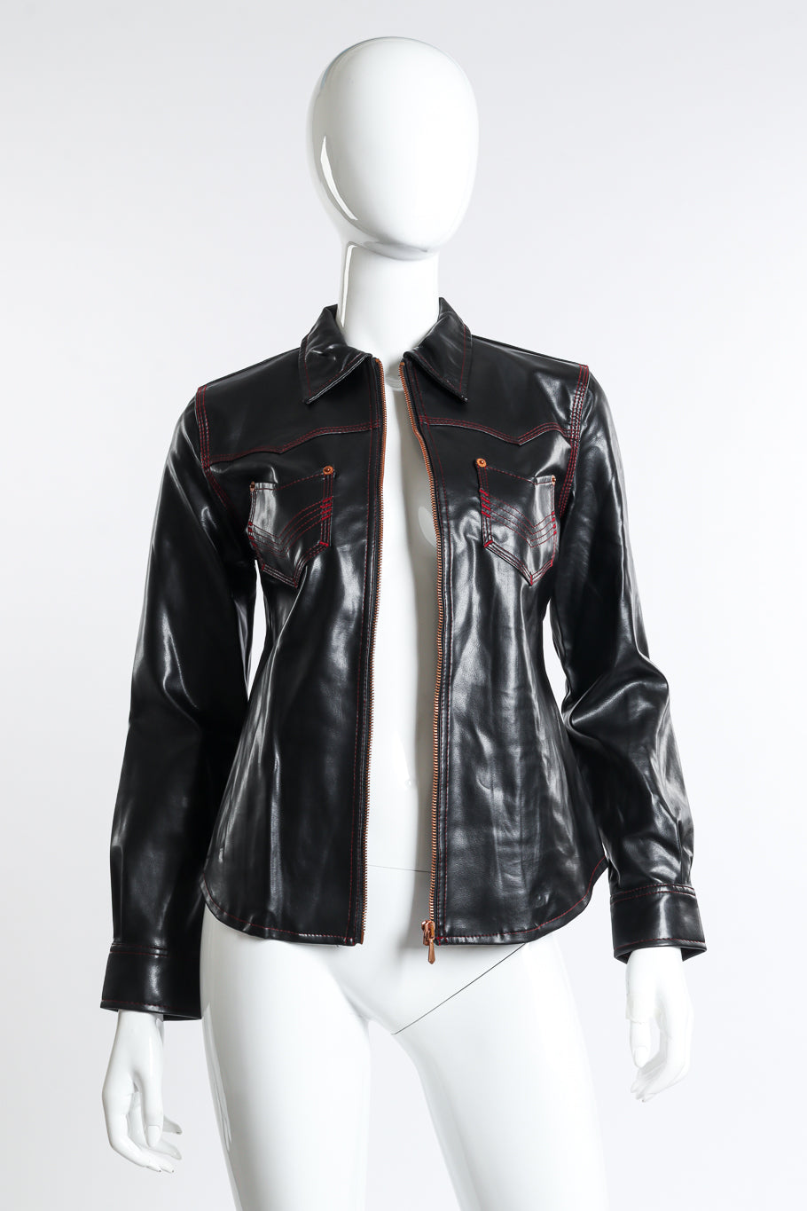 Vintage Jean Paul Gaultier Jeans PVC Western style jacket with maroon stitching as worn open on mannequin @Recess LA