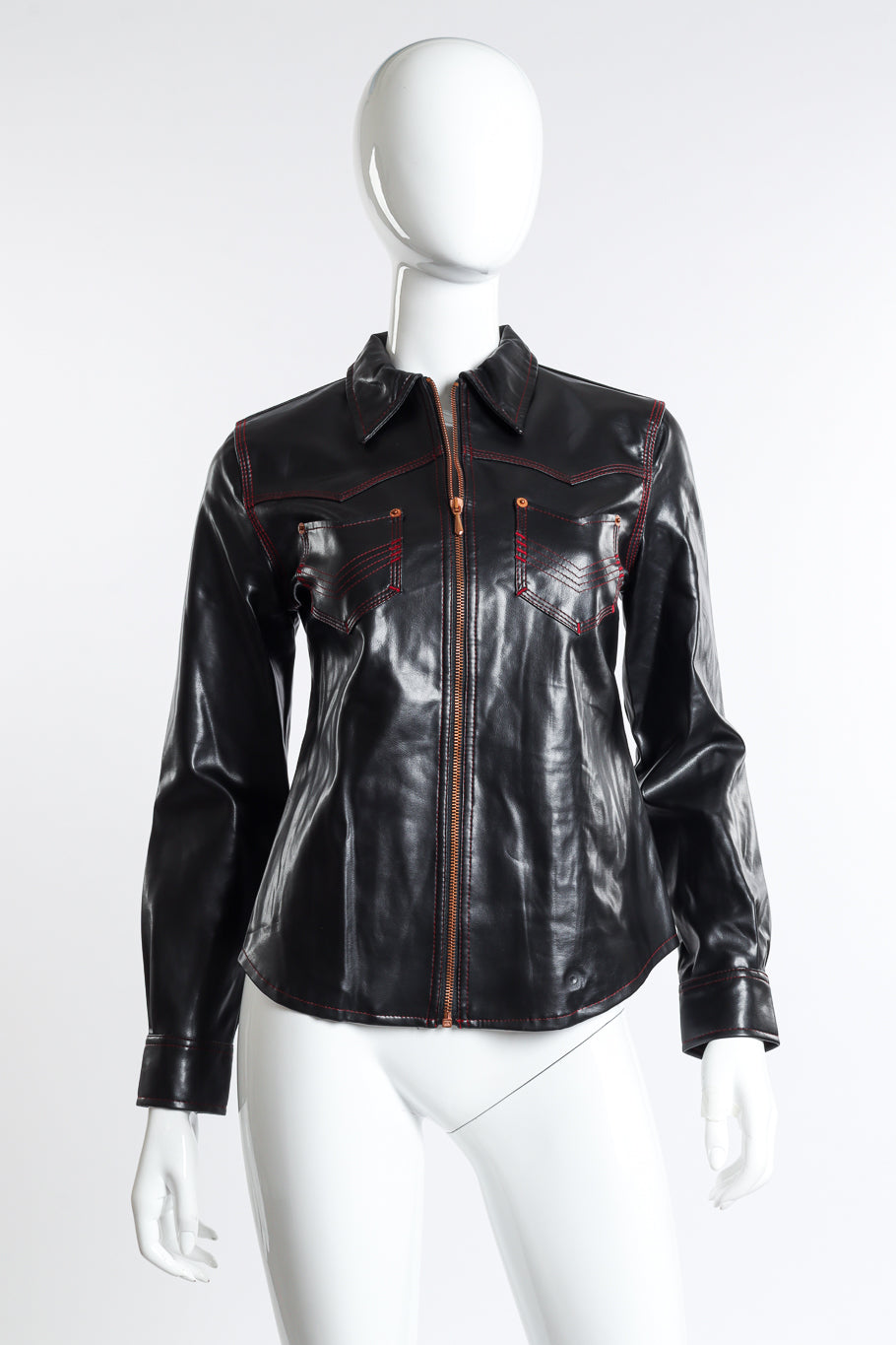 Vintage Jean Paul Gaultier Jeans PVC Western style jacket with maroon stitching as worn closed on mannequin @Recess LA