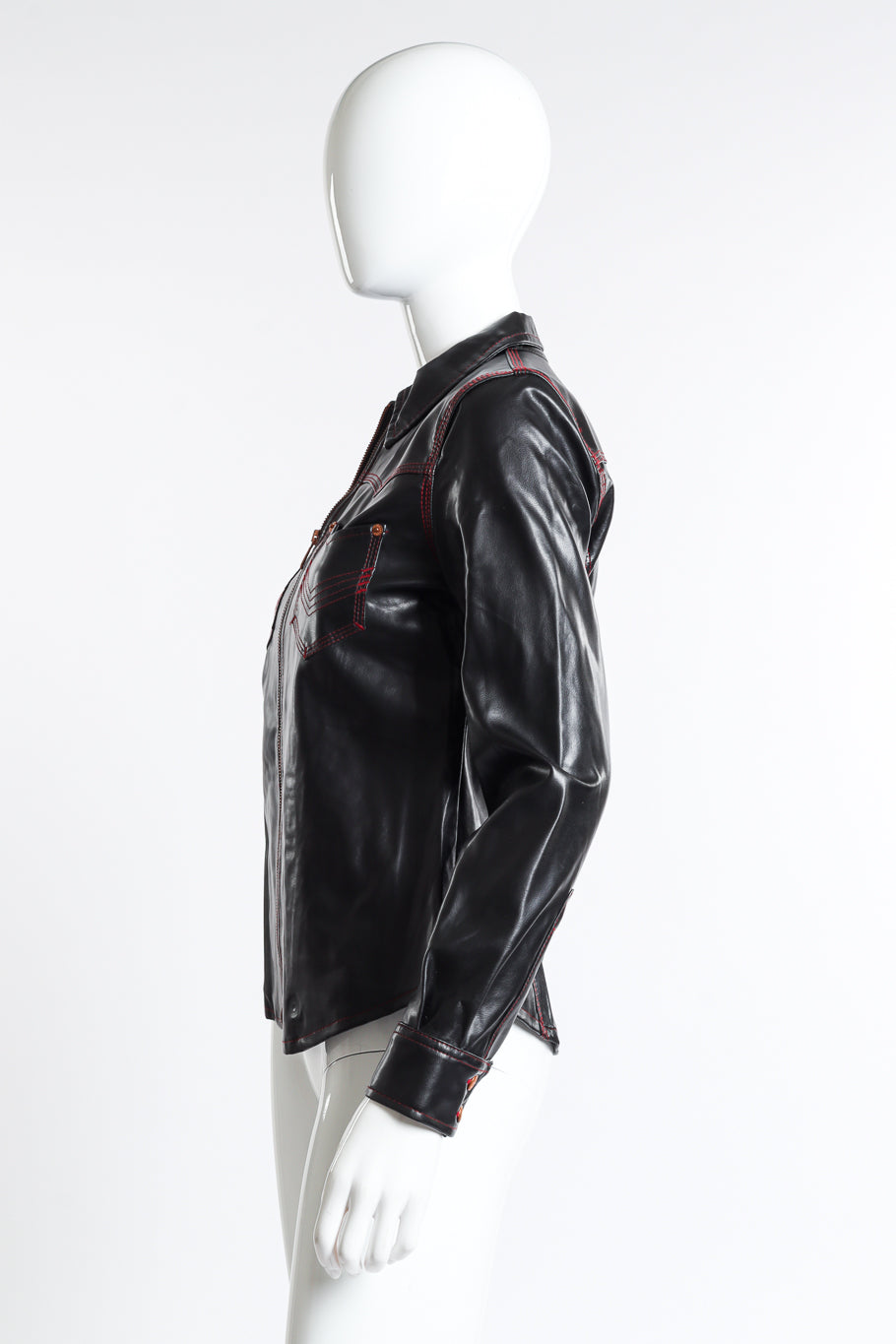 Vintage Jean Paul Gaultier Jeans PVC Western style jacket with maroon stitching by left sleeve view on mannequin @Recess LA