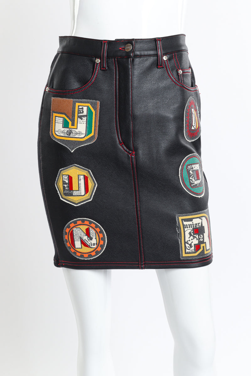 Junior Gaultier Patchwork Faux Leather Skirt front on mannequin closeup @recess la