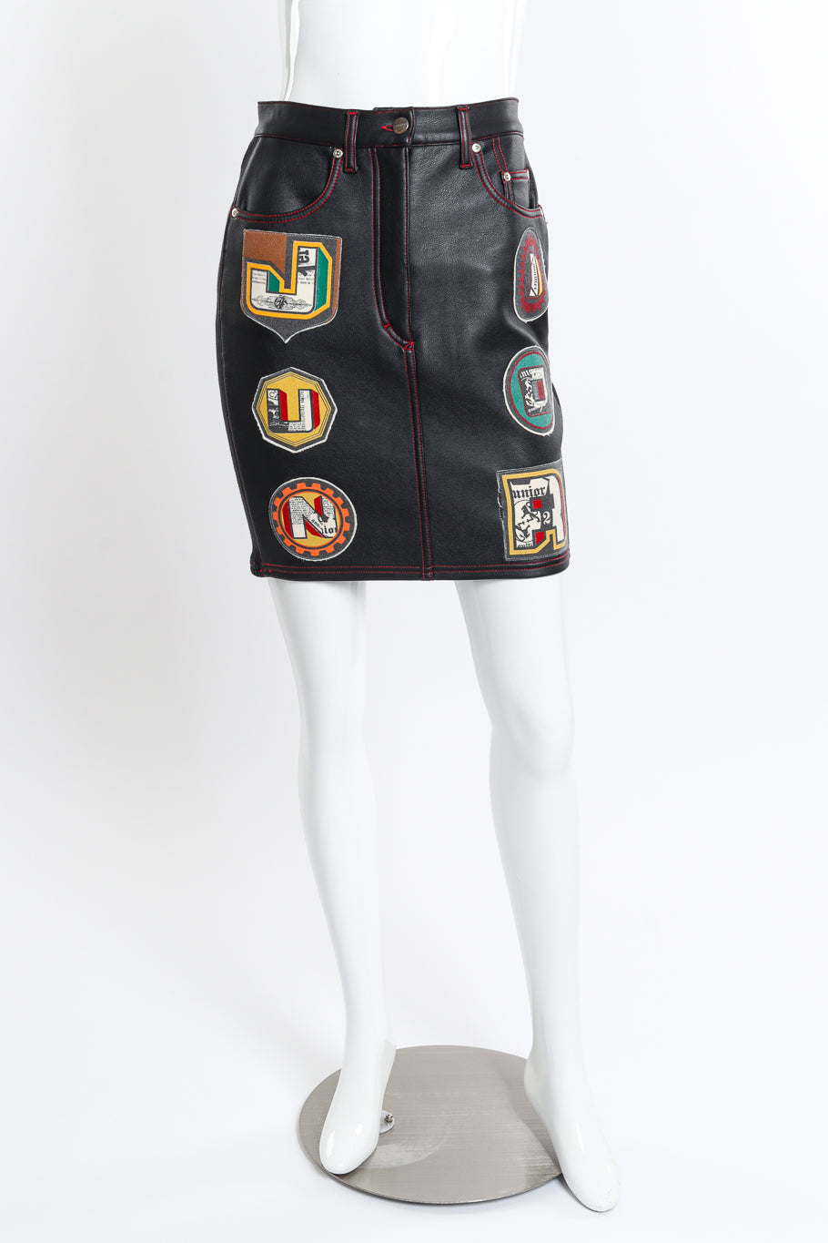 Junior Gaultier Patchwork Faux Leather Skirt front on mannequin @recess la