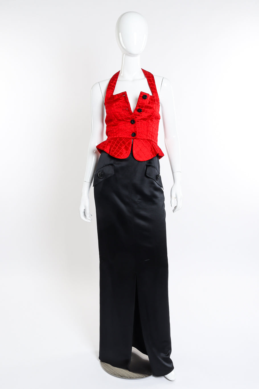 Vintage Geoffrey Beene Peplum Vest and Maxi Skirt Set front on mannequin @recessla
