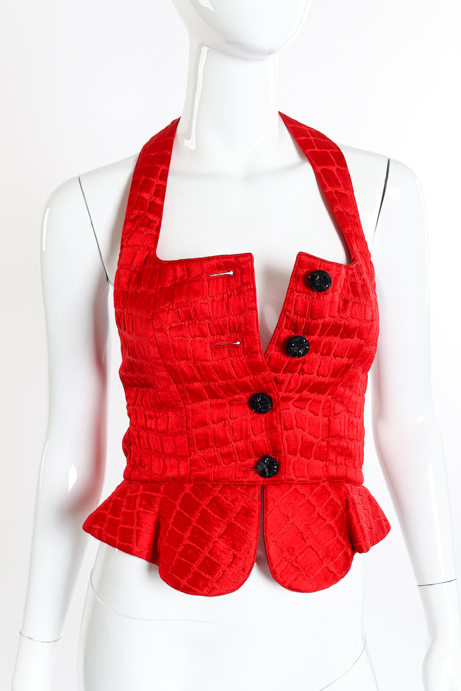 Vintage Geoffrey Beene Peplum Vest and Maxi Skirt Set front on mannequin closeup @recessla