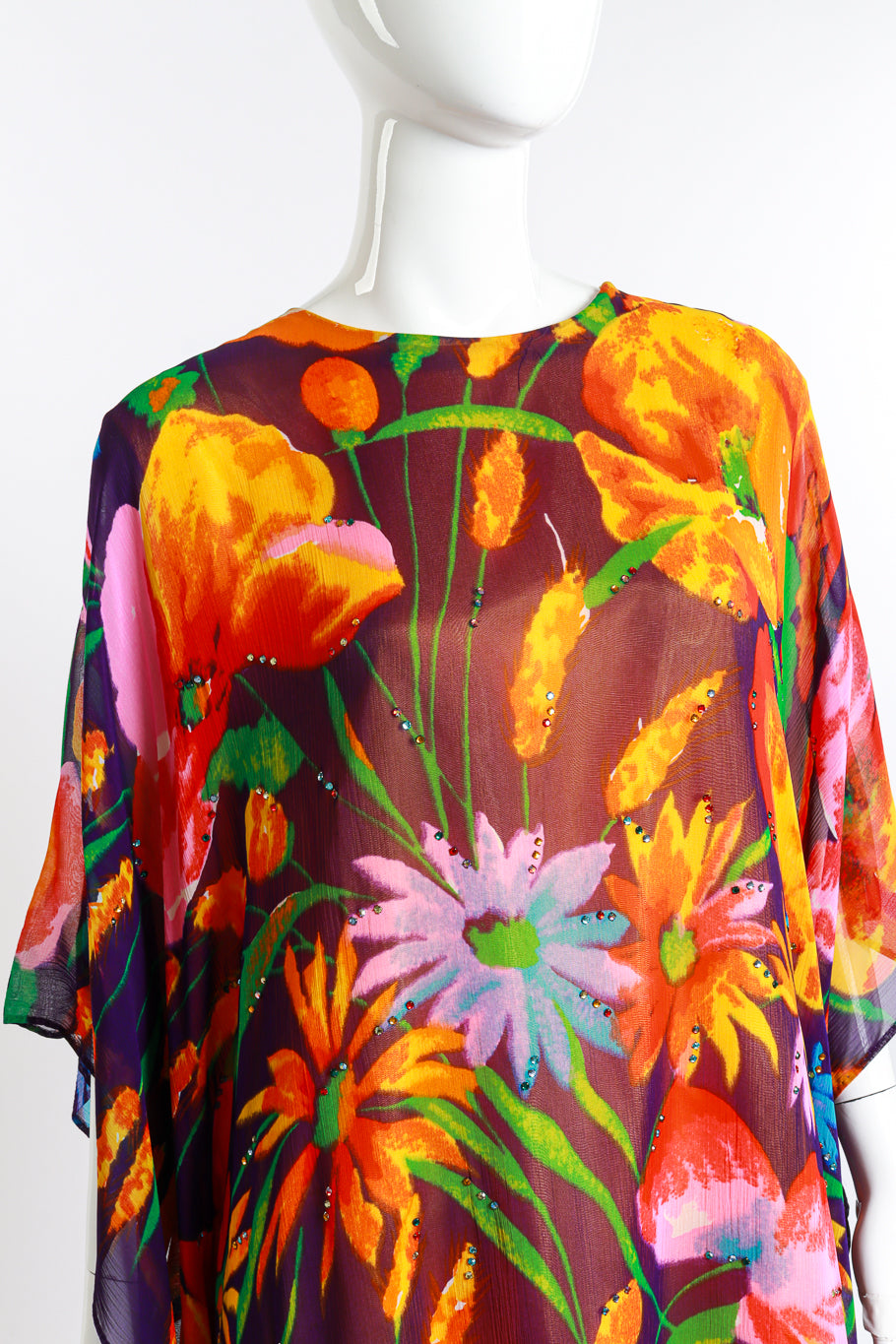 Vintage Georgie Keyloun Floral Chiffon Rhinestone Caftan front on mannequin closeup @recess la