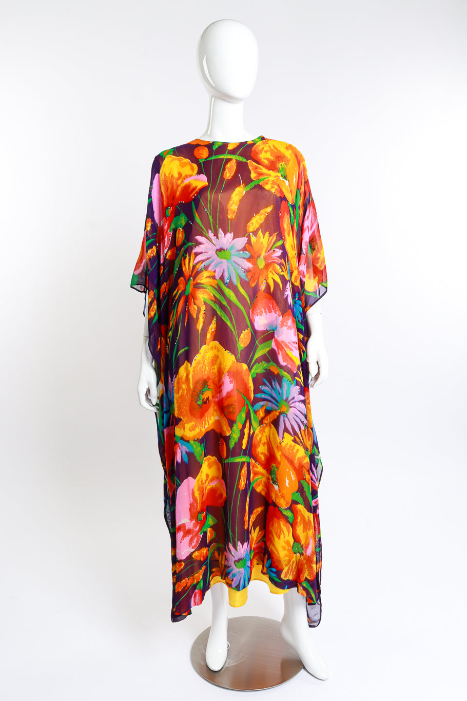 Vintage Georgie Keyloun Floral Chiffon Rhinestone Caftan front on mannequin @recess la