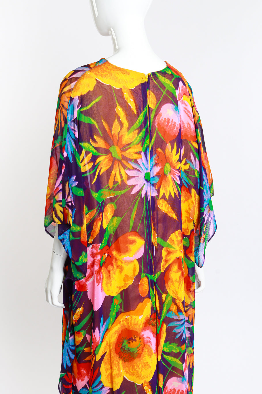 Vintage Georgie Keyloun Floral Chiffon Rhinestone Caftan back on mannequin closeup @recess la