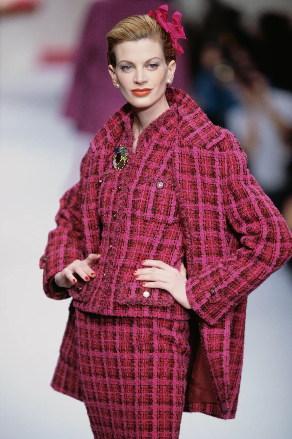belted jacket by Chanel on model on 1995 runway