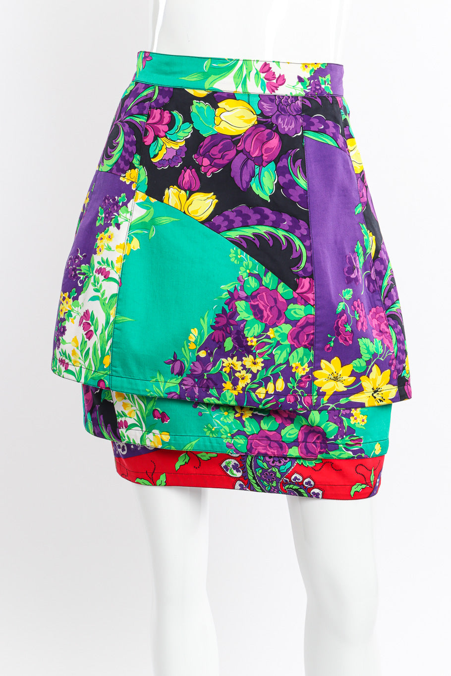 Vintage Gianni Versace Floral Cotton Tier Skirt front view on mannequin closeup @Recessla