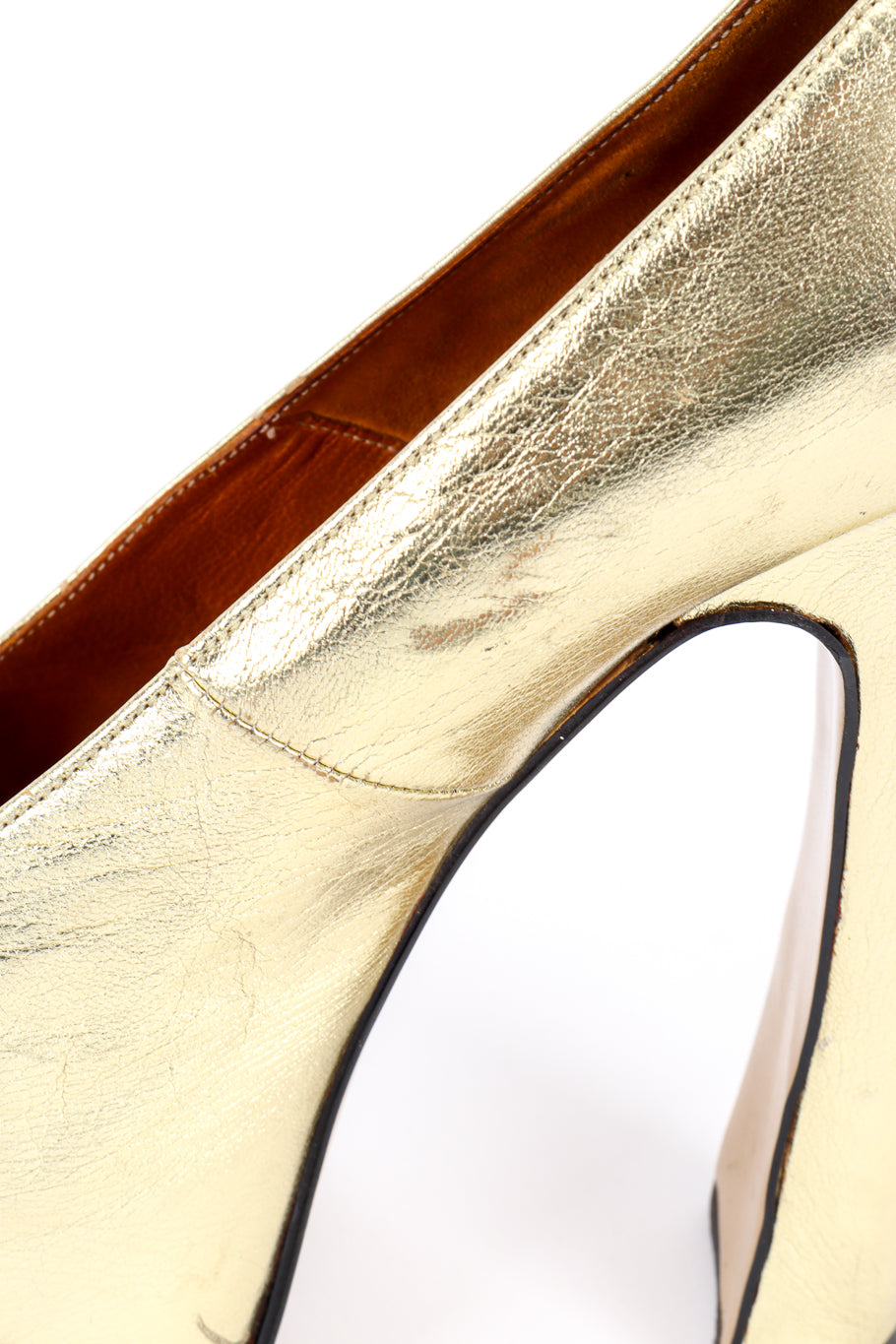 Vintage Vivienne Westwood 1993 F/W Metallic Gold Elevated Court Shoe right shoe inner upper leather closeup @recessla