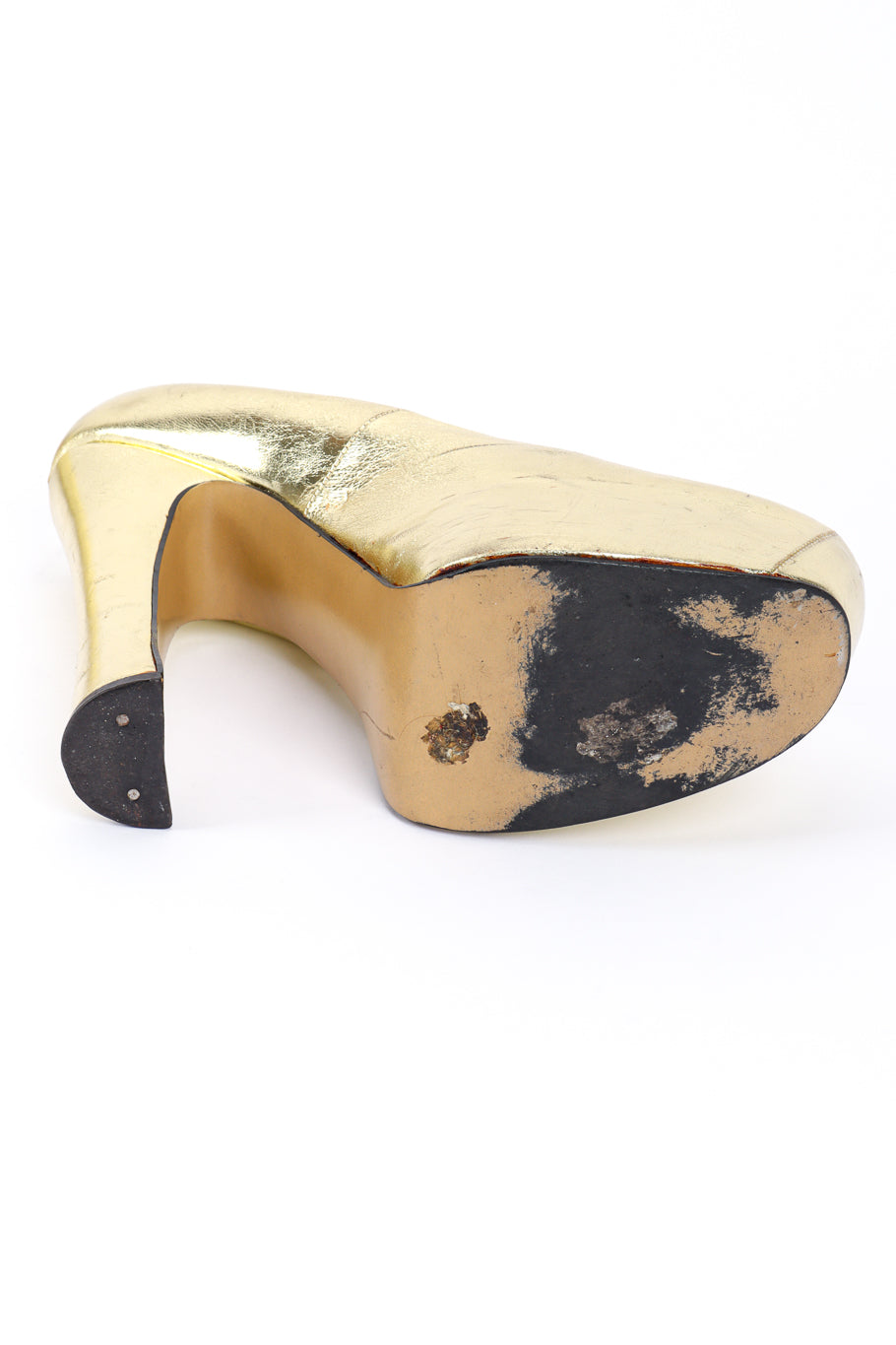 Vintage Vivienne Westwood 1993 F/W Metallic Gold Elevated Court Shoe left shoe outsole @recessla
