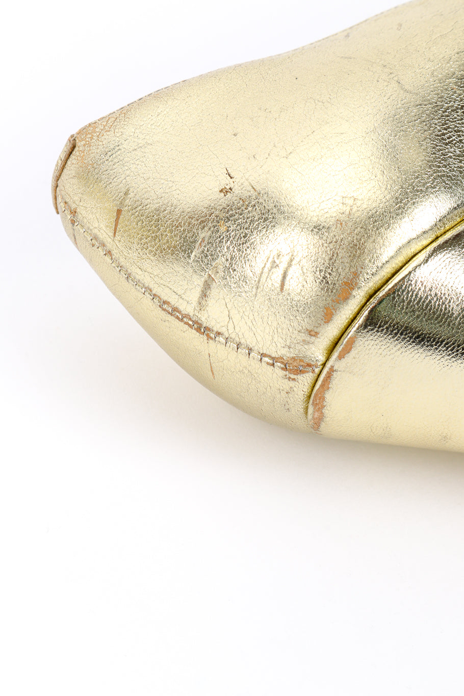 Vintage Vivienne Westwood 1993 F/W Metallic Gold Elevated Court Shoe left shoe back counter closeup @recessla